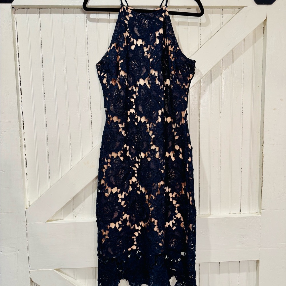 Love Culture Navy Lace Midi Dress Nude Lining Scalloped Hem Size L - Picture 2 of 9